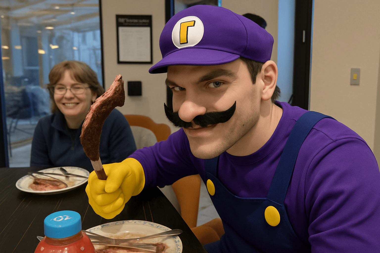 Person in Waluigi costume at restaurant