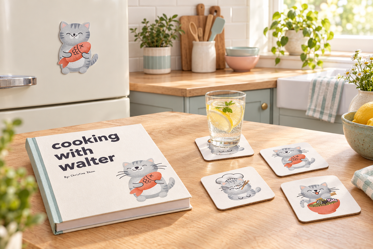 Bright kitchen with a Walter magnet on the refrigerator and the Cooking With Walter cookbook and four illustrated coasters on a wooden table